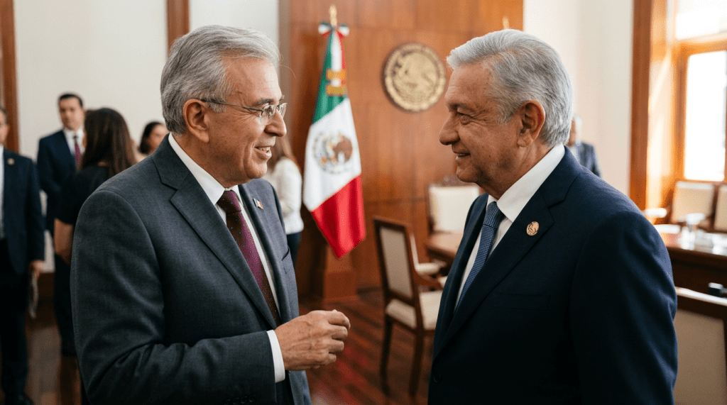 Two men in suits talking in a formal room with Mexican flag and official seal