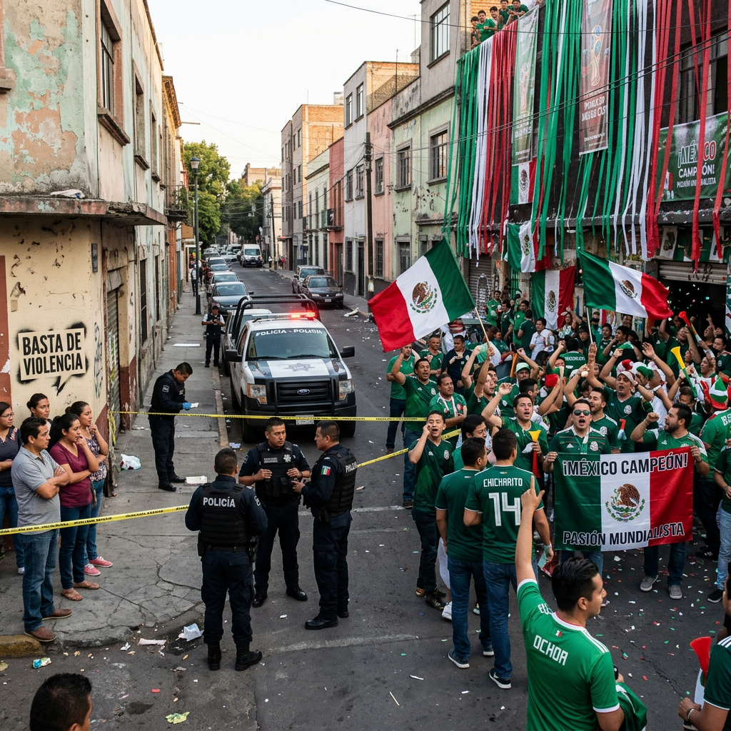 Police officers standing near a street with yellow caution tape next to a group of protesting people and a crowd of Mexican soccer fans waving flags and celebrating.