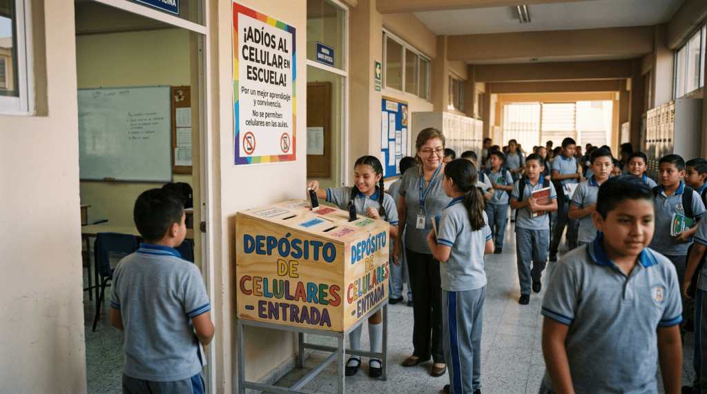 Students deposit cellphones in a school hallway box labeled "Depósito de celulares – entrada"